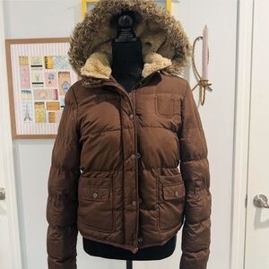 Y2K Aeropostale Fur Lined Chocolate Brown Puffer Jacket Heart Lined Size Medium